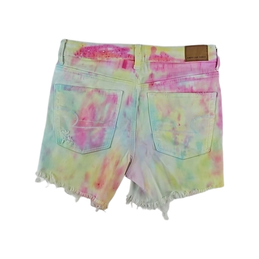 American Eagle Jean Shorts Pastel Tie Dye Denim, Distressed Pockets & Hemline - Picture 3 of 5